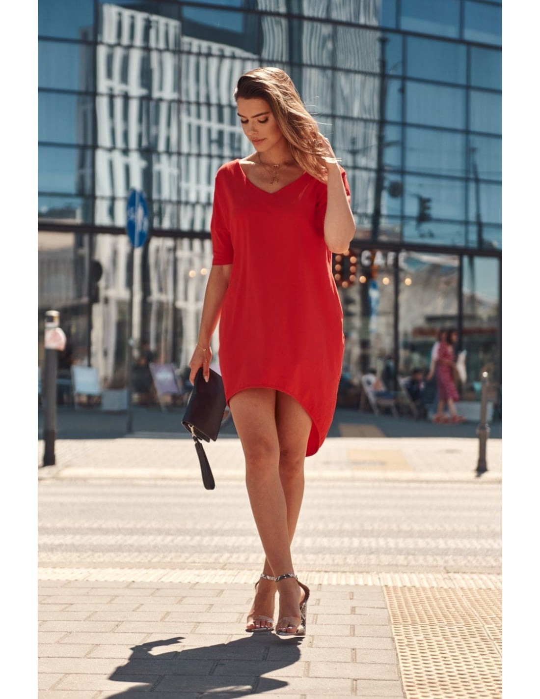 Oversize V-neck dress, red 3753 - Online store - Boutique